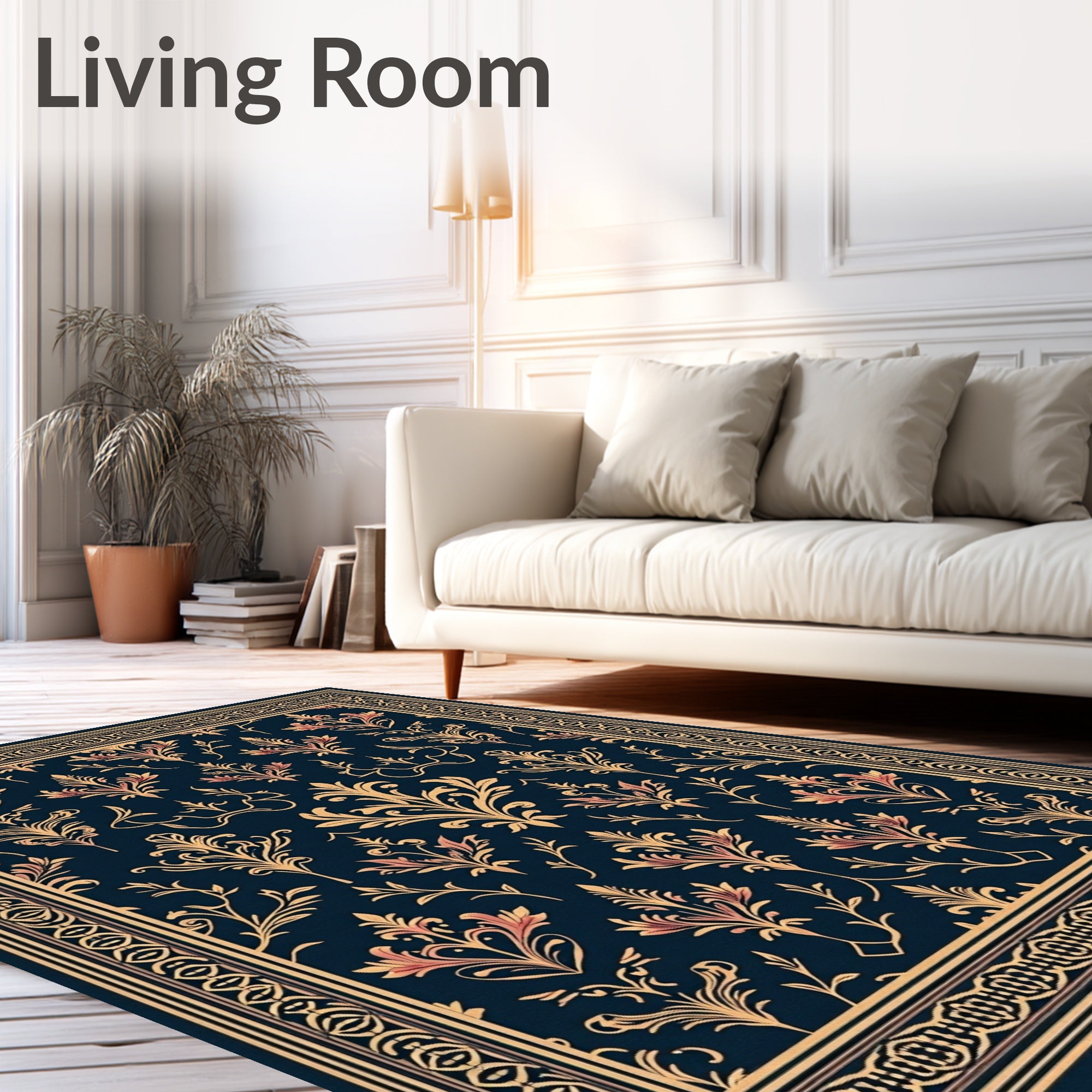 Ornate Floral Damask Dark Blue Rug