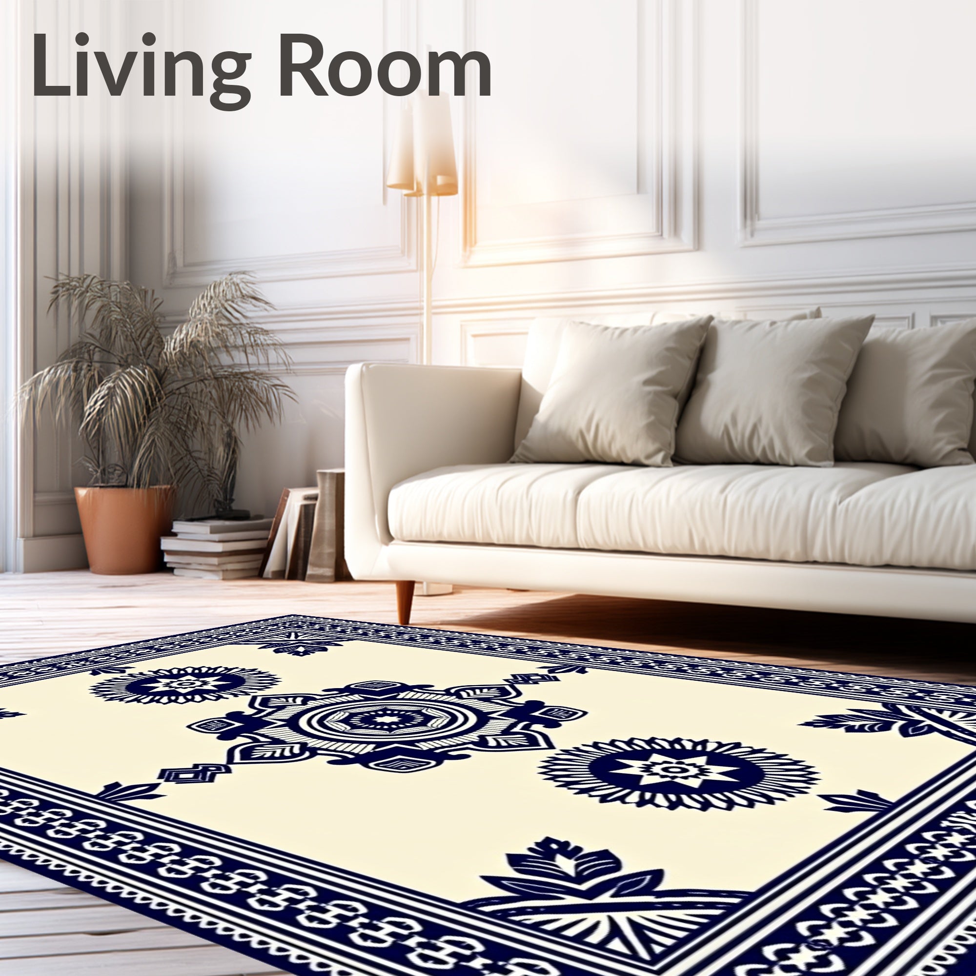 Elegant Blue And Cream Medallion Design Rug