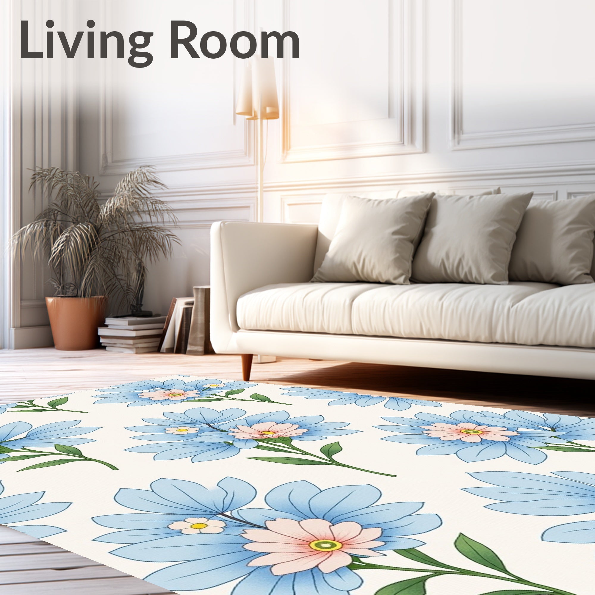 Pastel Blue Garden Floral Pattern Rug