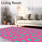 Vibrant Pink Teal Leaf Pattern Rug