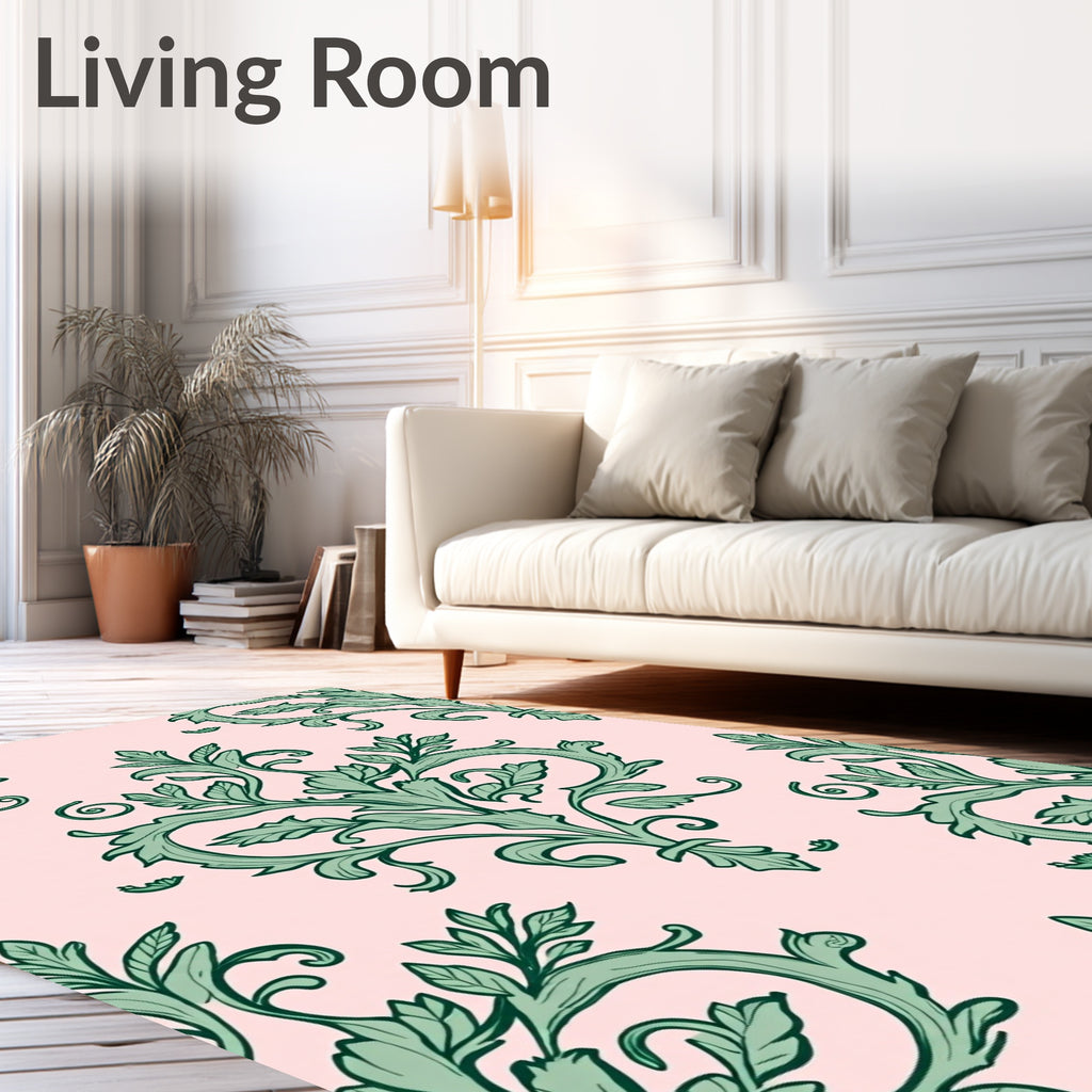 Green Floral Baroque Scroll Design Rug