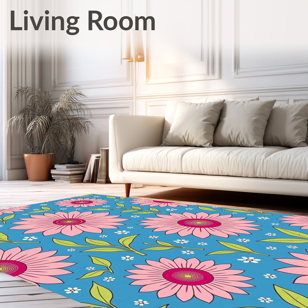 Pink Daisy Pattern With Green Leaves Rug