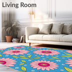 Pink Daisy Pattern With Green Leaves Rug