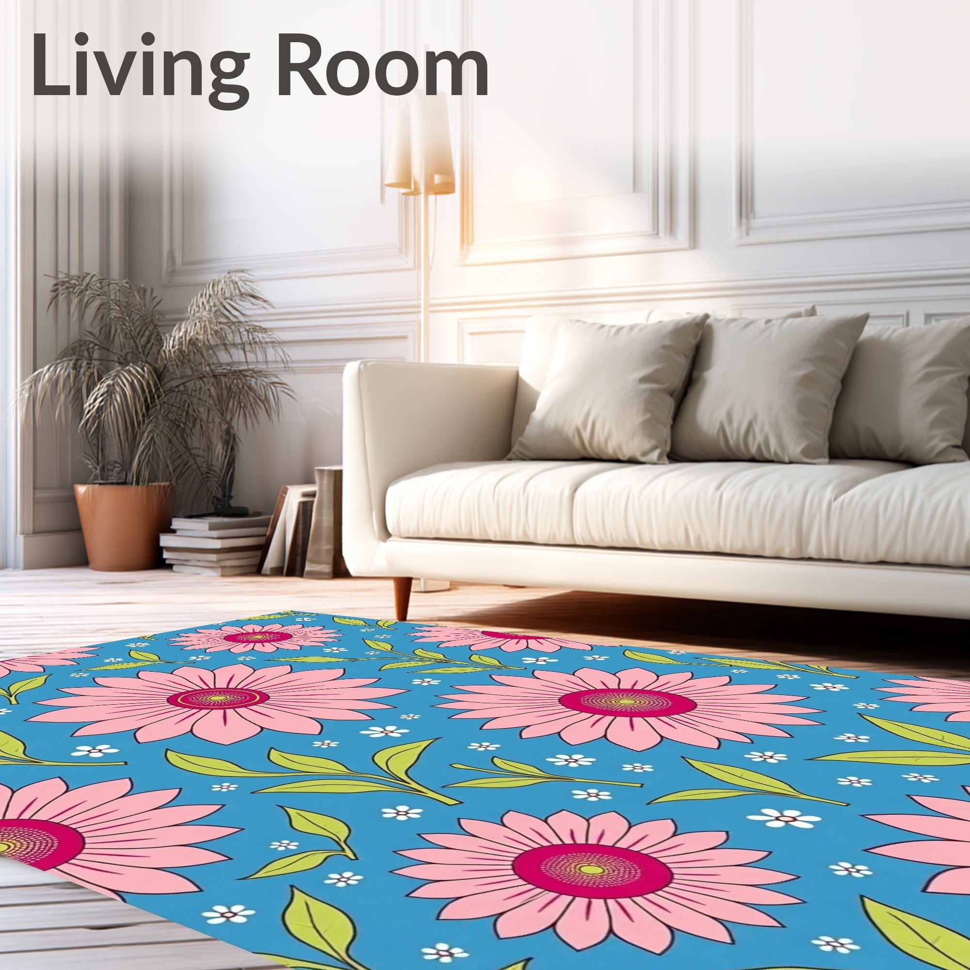 Pink Daisy Pattern With Green Leaves Rug