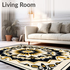 Elegant Floral Medallion Gold Black Pattern Rug