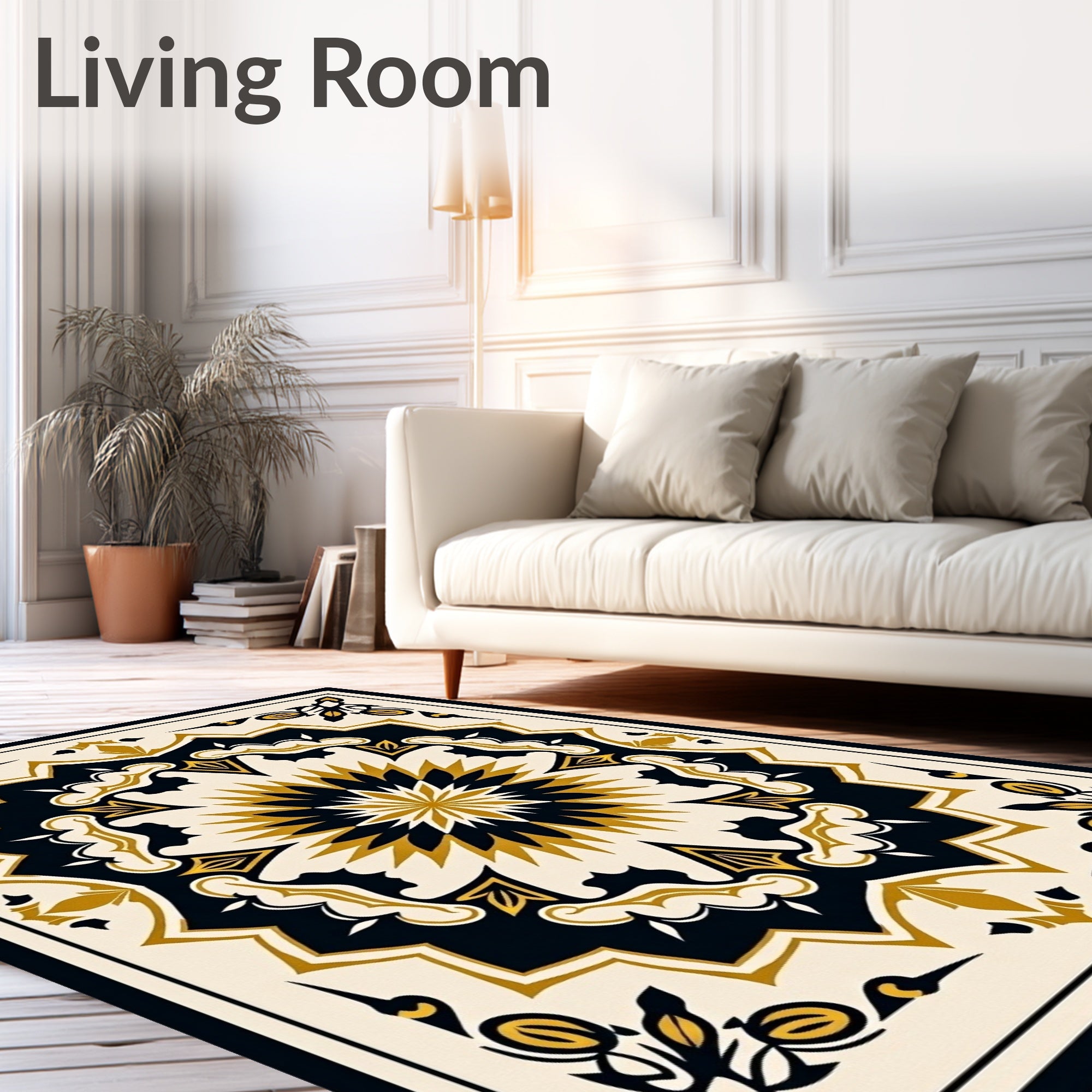 Elegant Floral Medallion Gold Black Pattern Rug