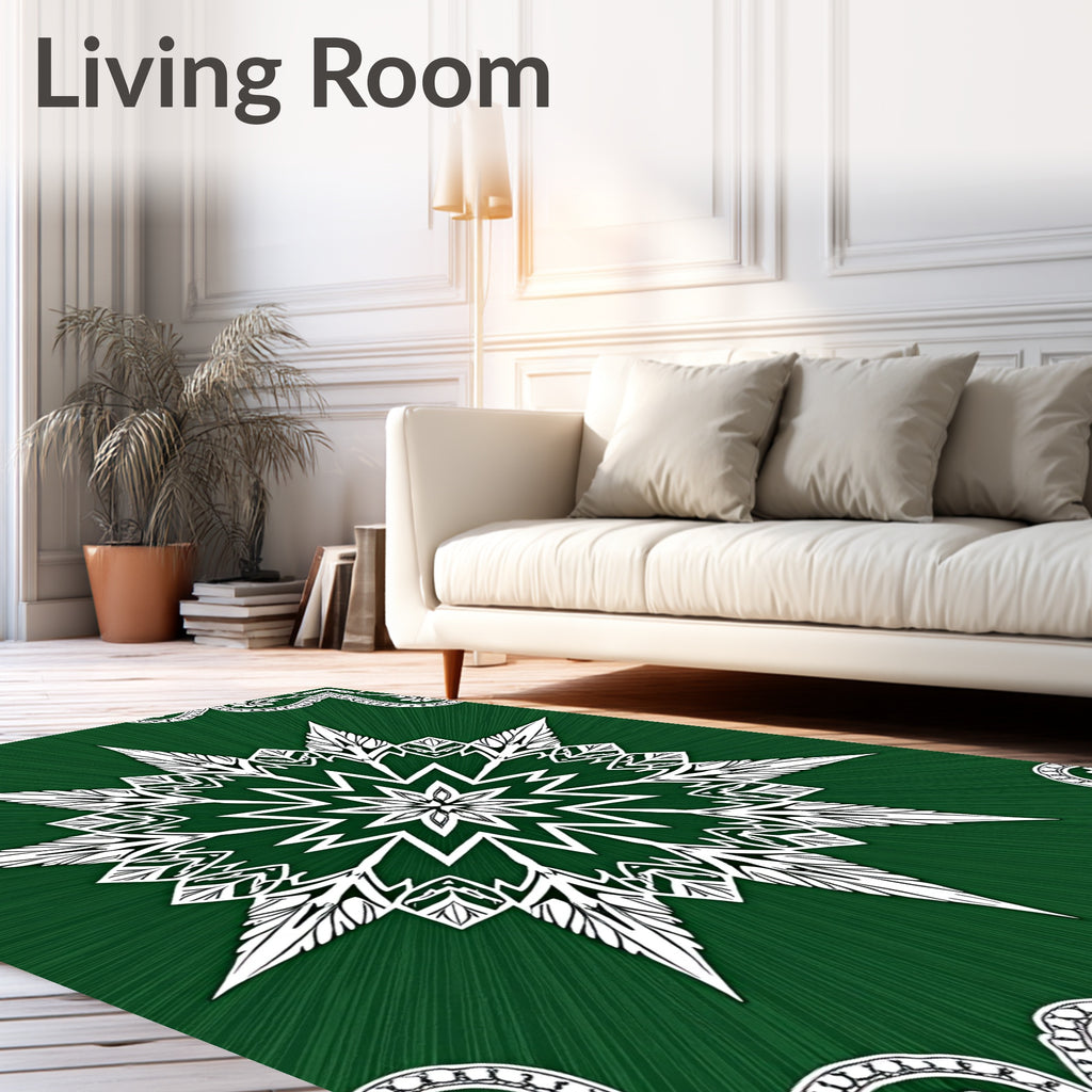 Emerald Green White Starburst Mandala Rug