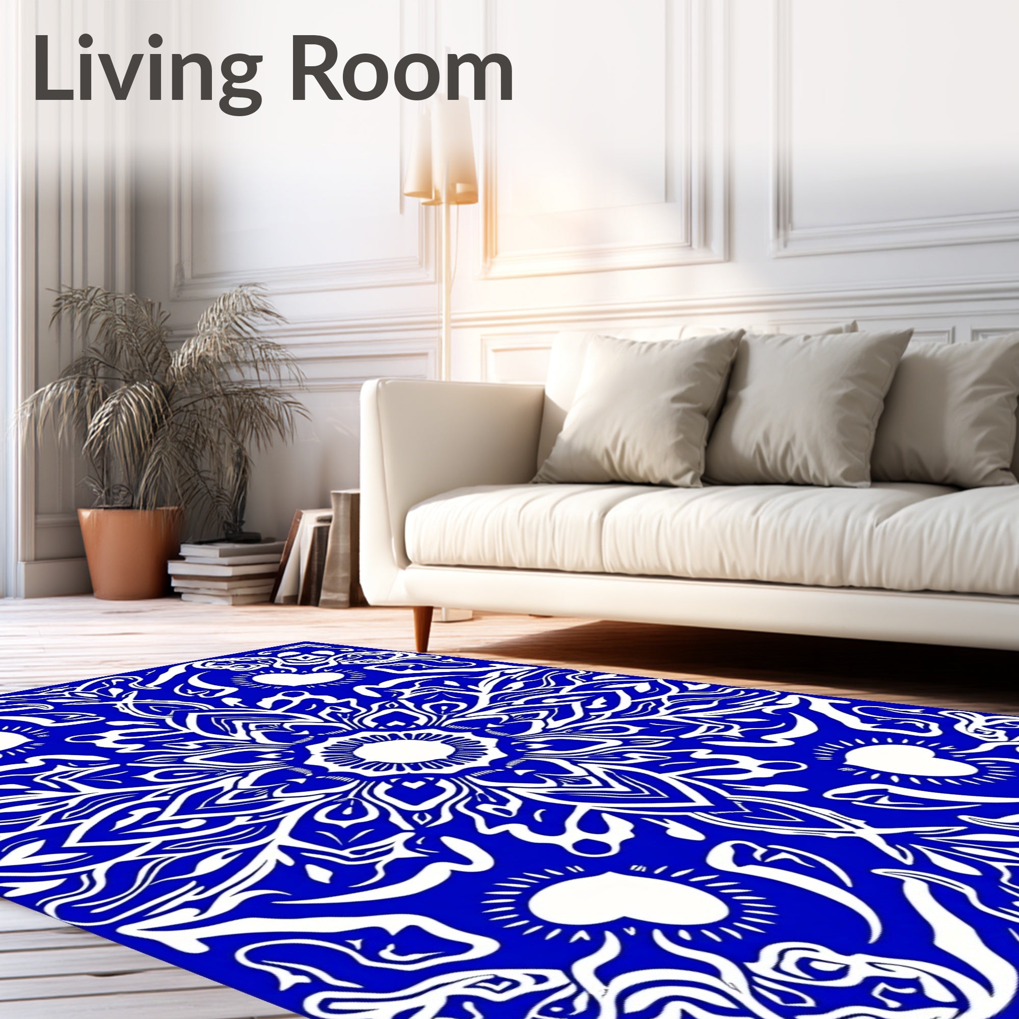 Bold Blue White Heart Mandala Design Rug
