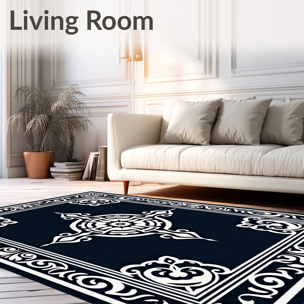 Ornate White Scroll Border Design Rug