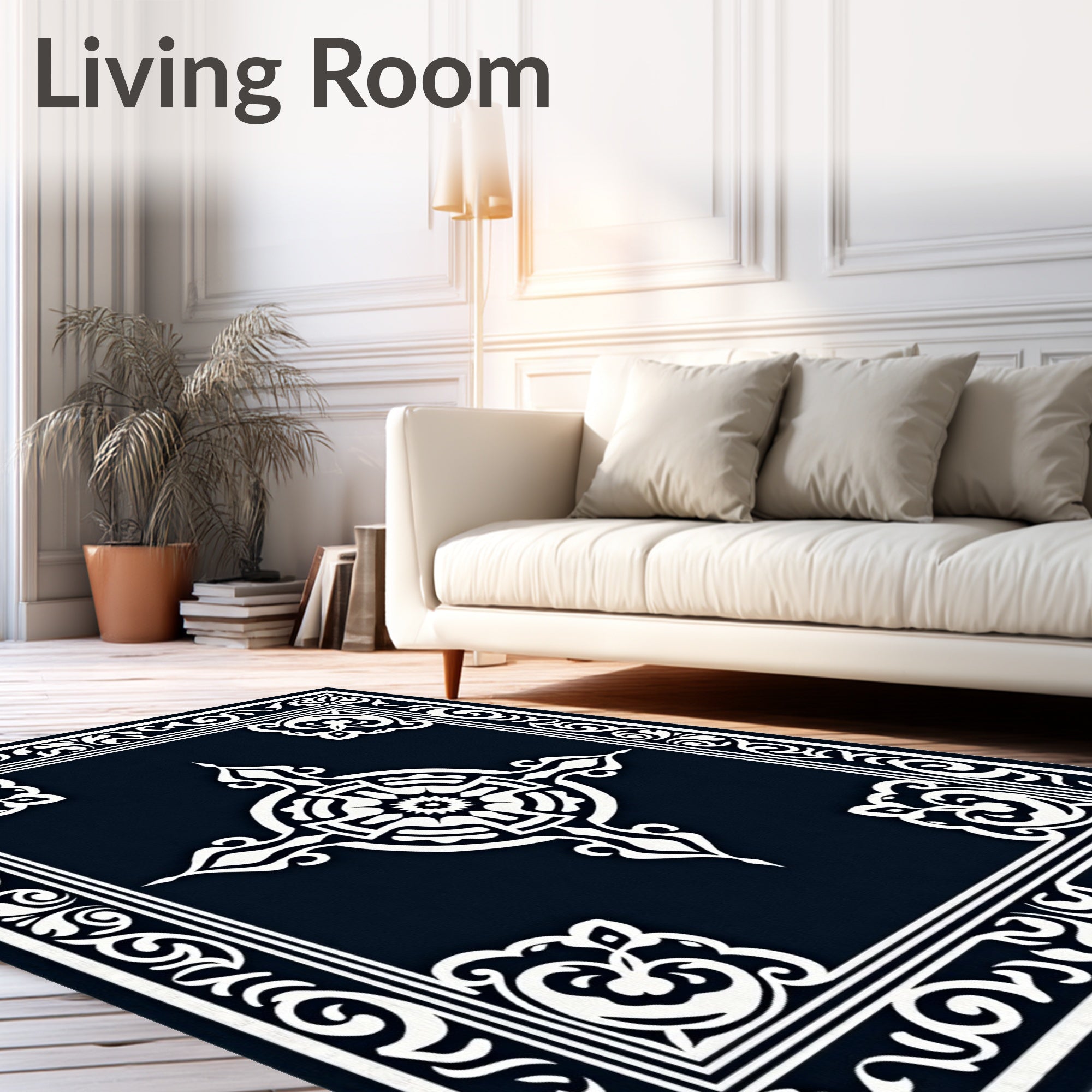 Ornate White Scroll Border Design Rug
