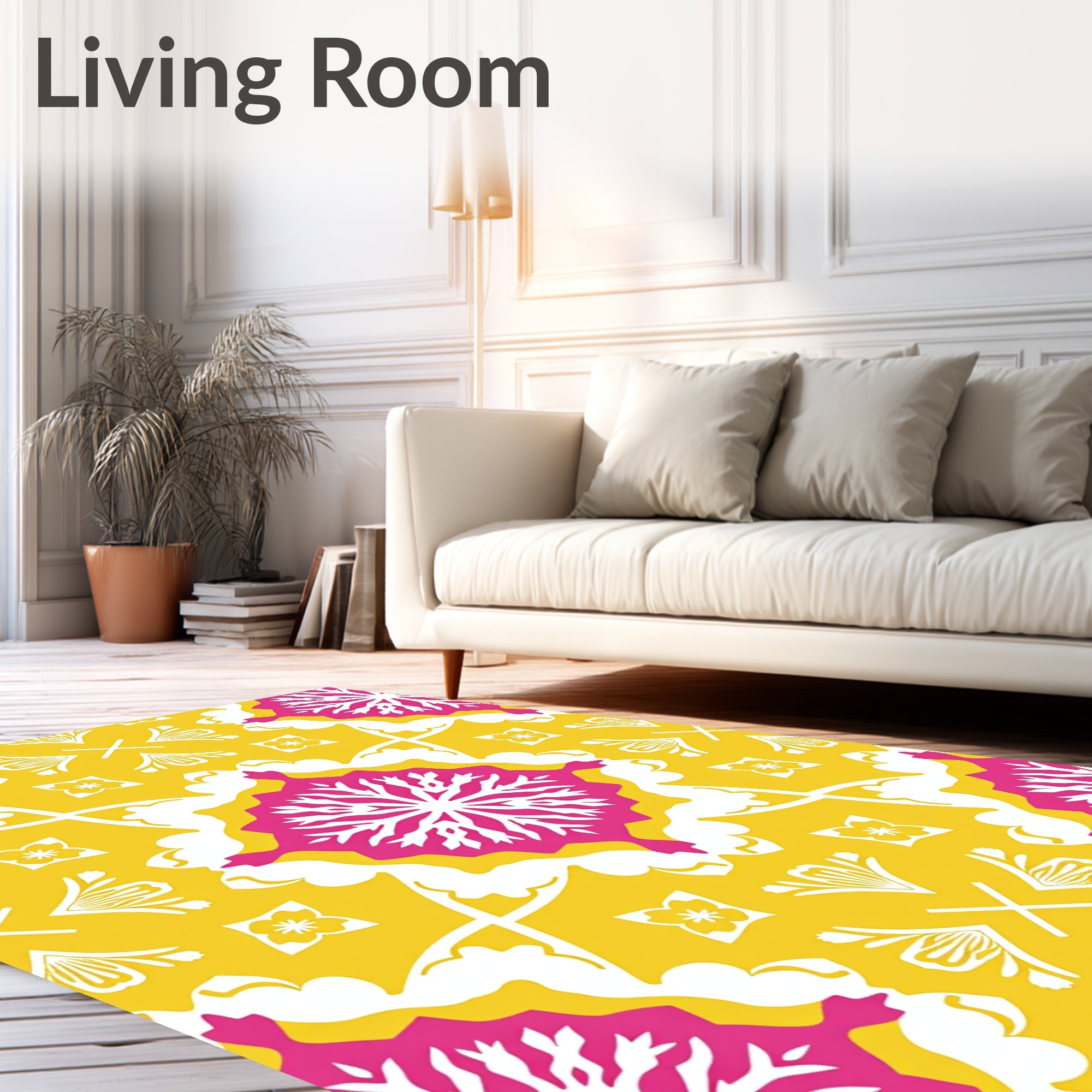 Lively Pink Yellow Floral Tile Rug