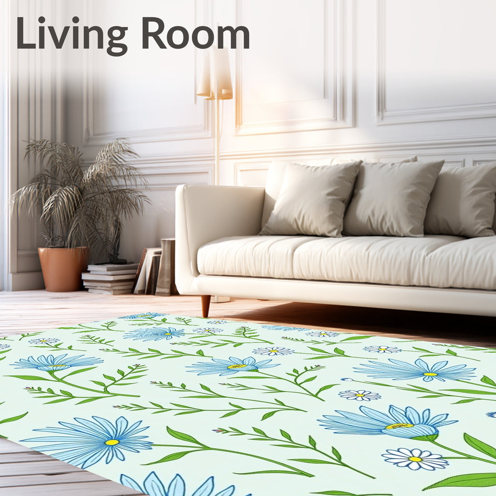 Delicate Floral Blue Daisy Pattern Rug