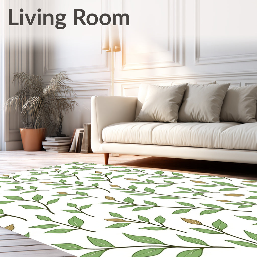 Delicate Green Leafy Branch Pattern Rug