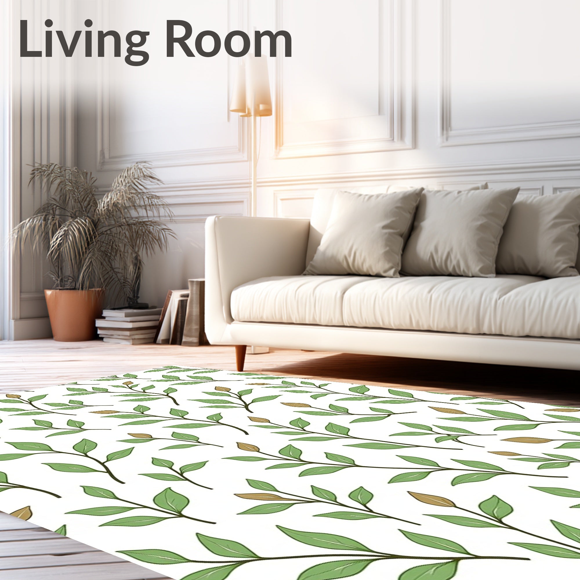 Delicate Green Leafy Branch Pattern Rug