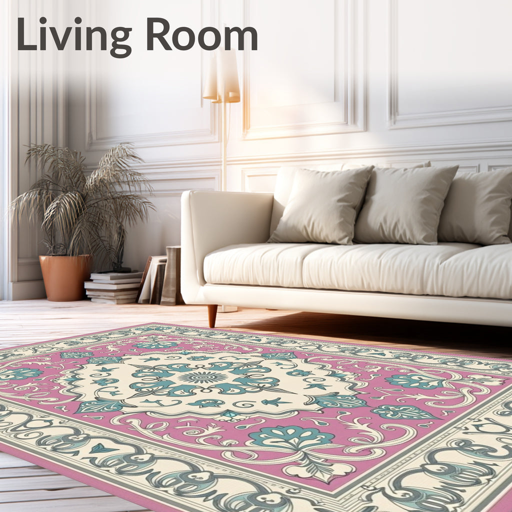 Pinks and Teal Floral Scrollwork Rug
