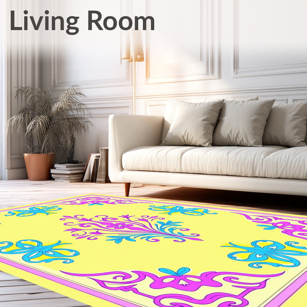 Ornate Yellow Floral Pattern Rug