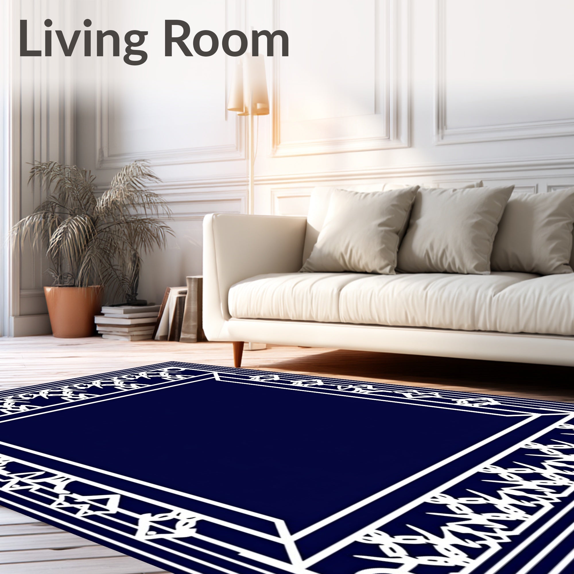 Navy White Ornate Geometric Frame Rug