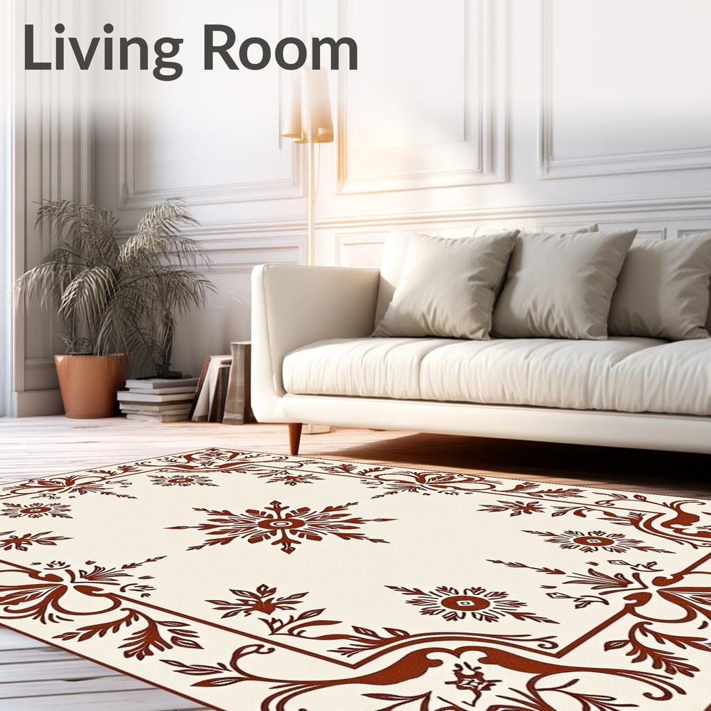 Rich Brown Floral Vine Border 4 Panels Rug
