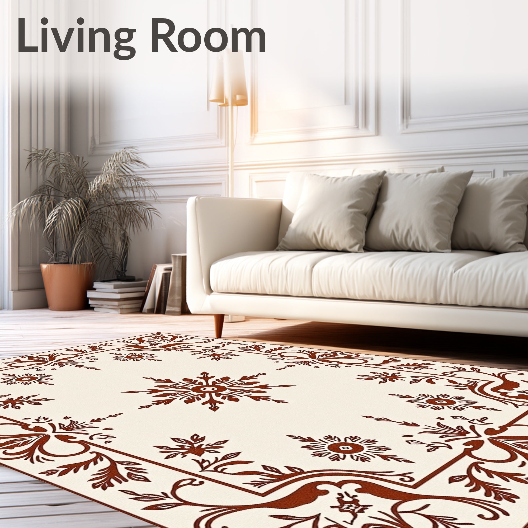 Rich Brown Floral Vine Border 4 Panels Rug