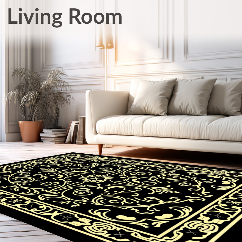 Ornate Golden Floral Vine Pattern Rug