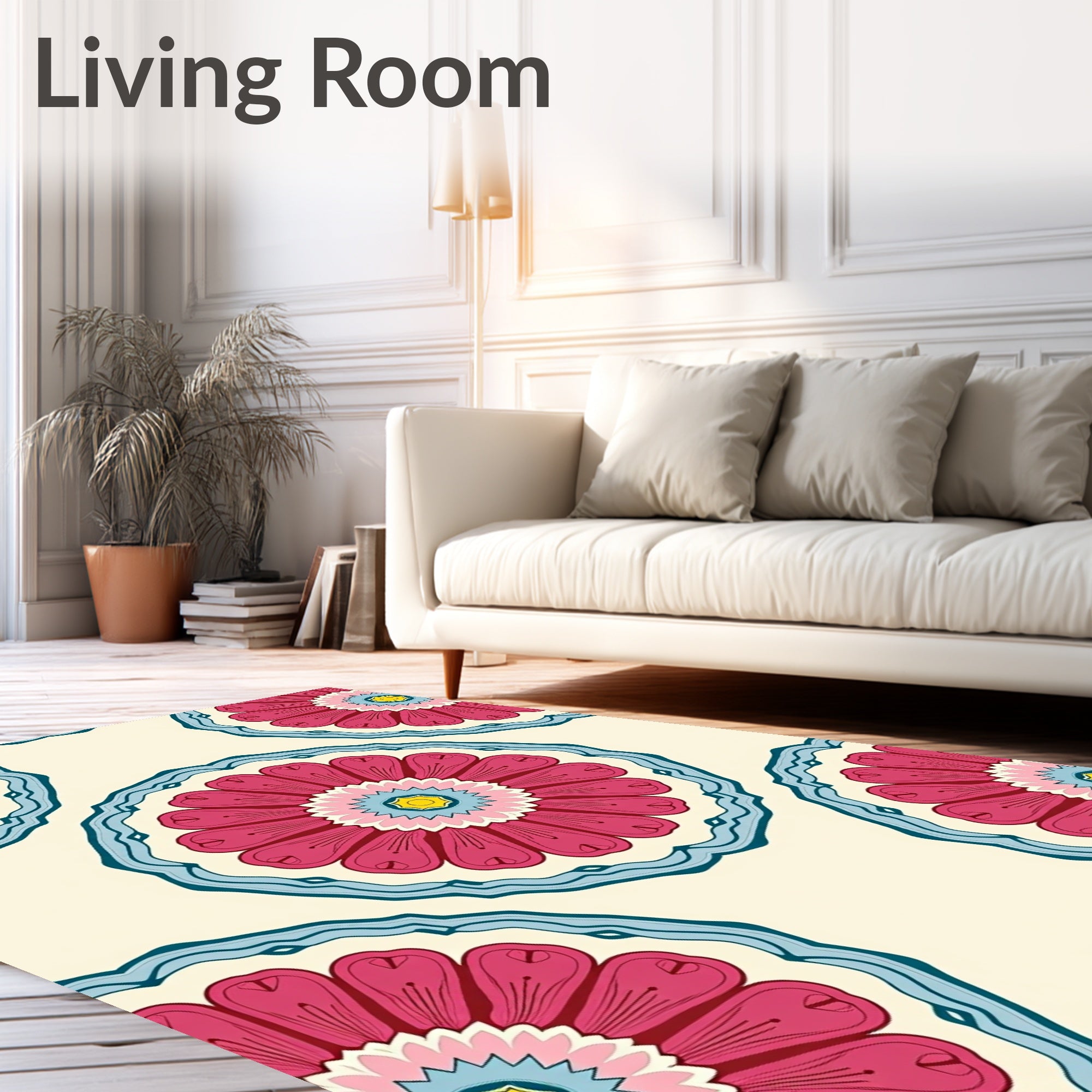 Floral Medallion Patterned Cream Background Rug