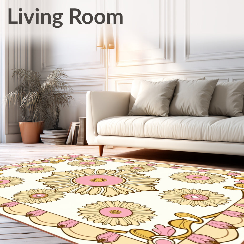 Retro Floral Pink Yellow Sunburst Rug