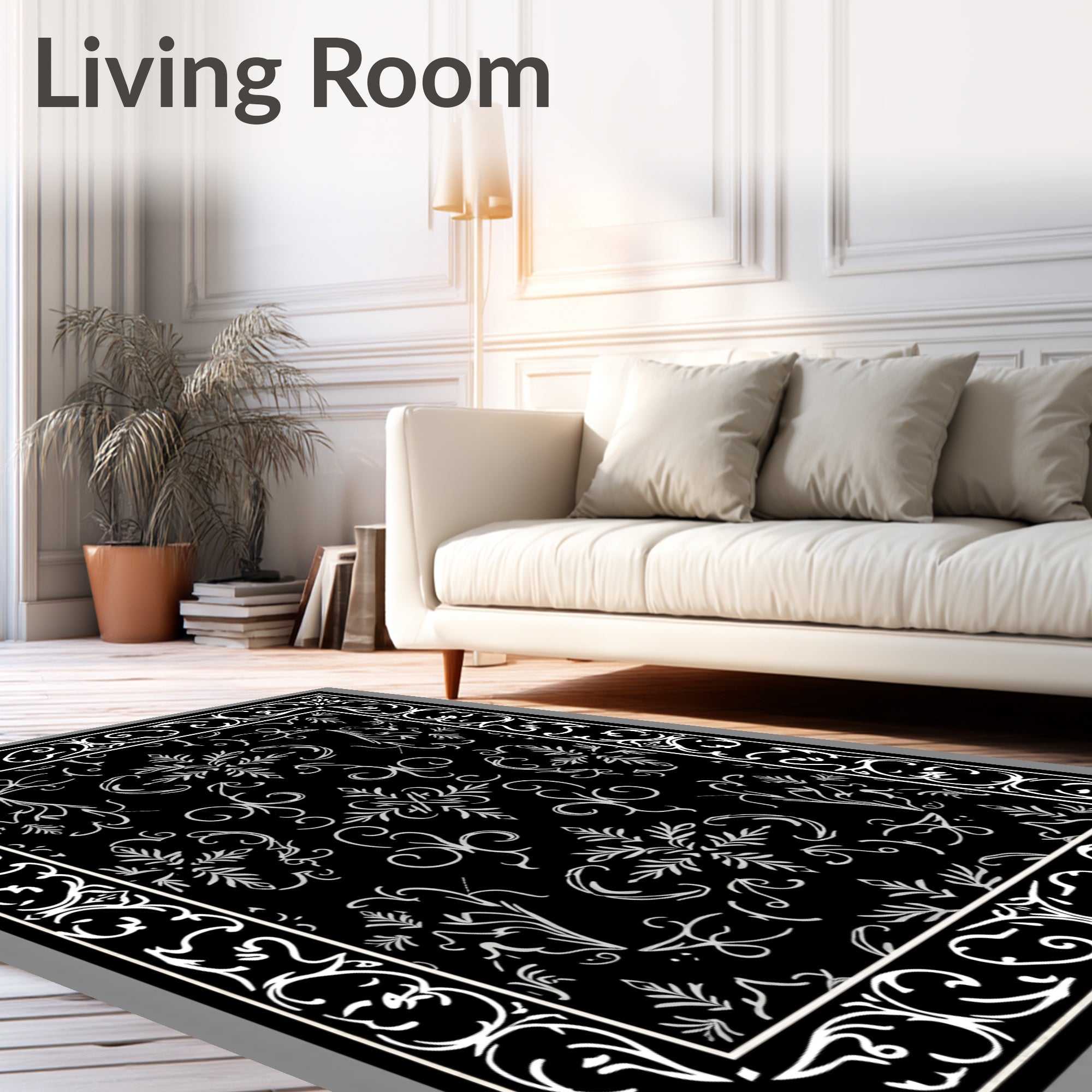 Black White Ornate Floral Pattern Rug