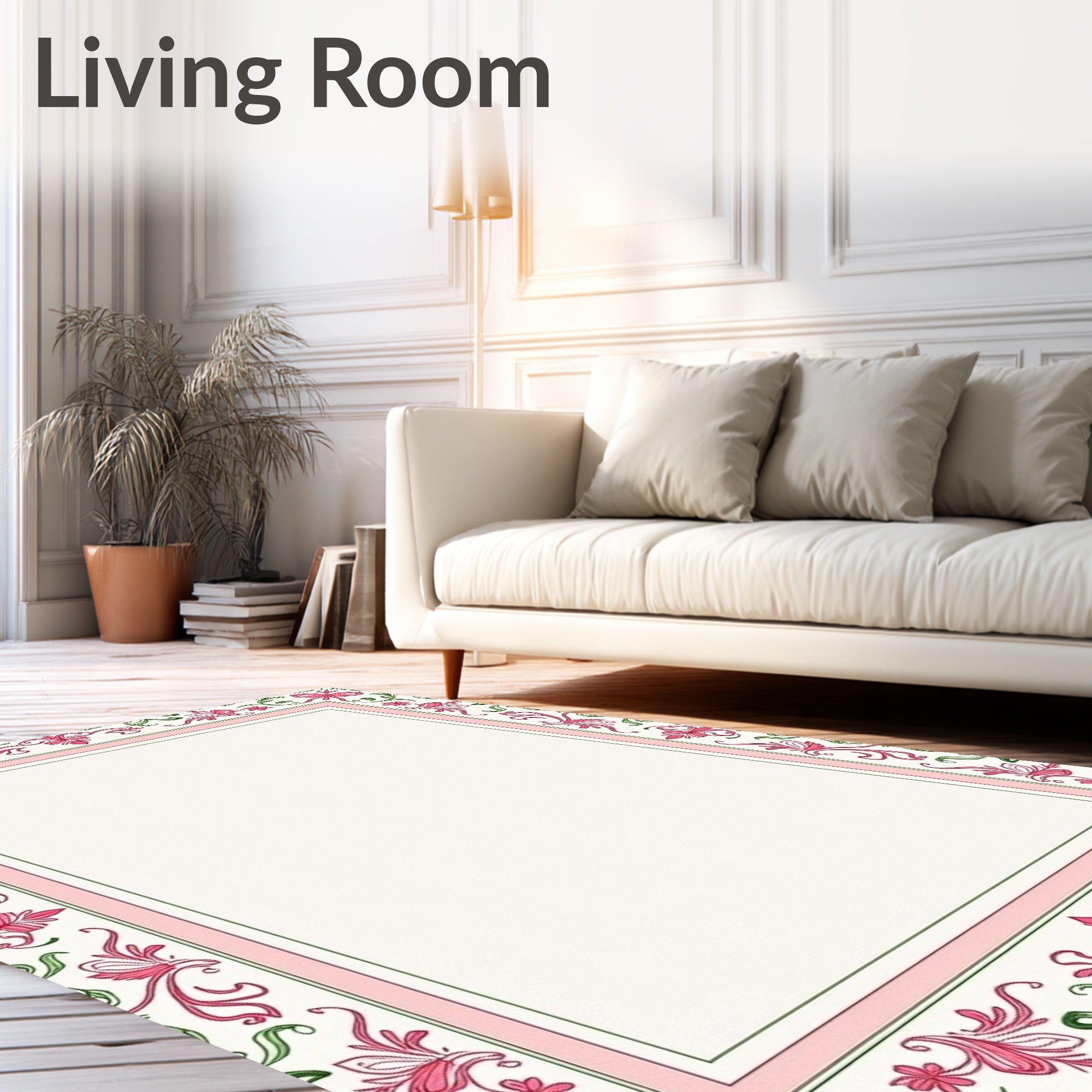 Pink Green Floral Swirl Border Rug