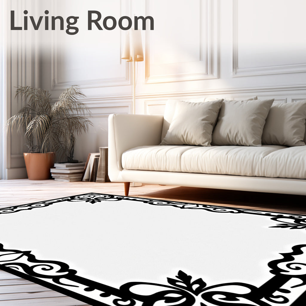 Black Scroll Leaf Frame Design Rug