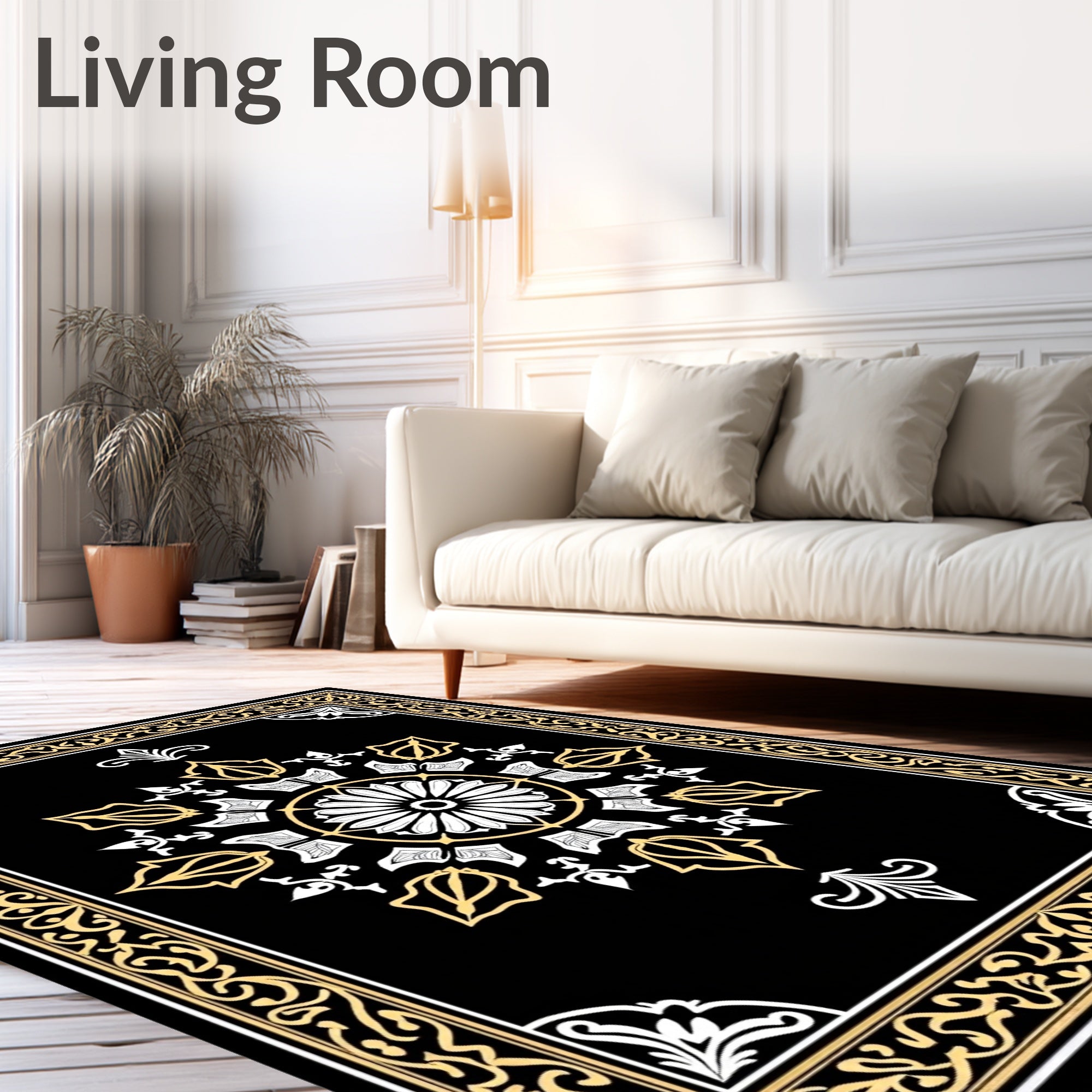 Elegant Black Gold Floral Medallion Rug