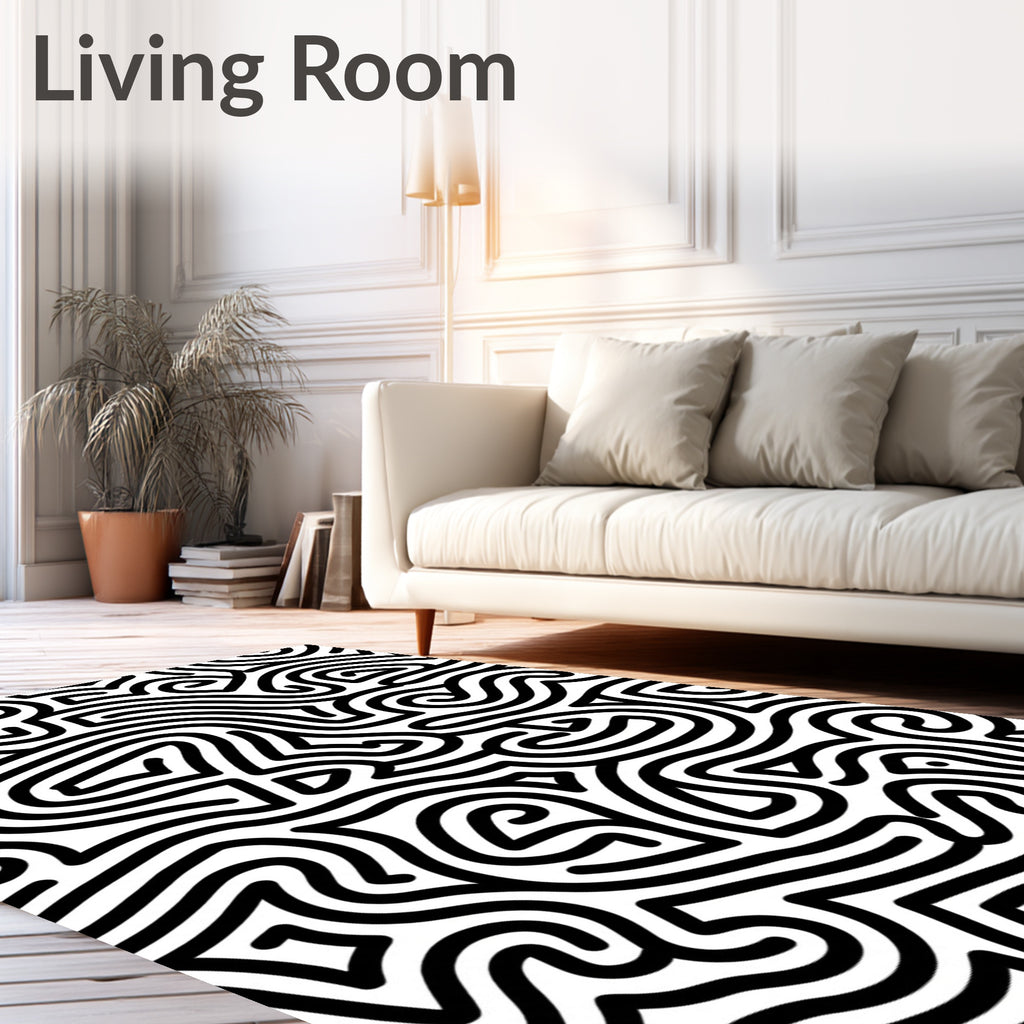 Abstract Black Swirl Line Pattern Rug