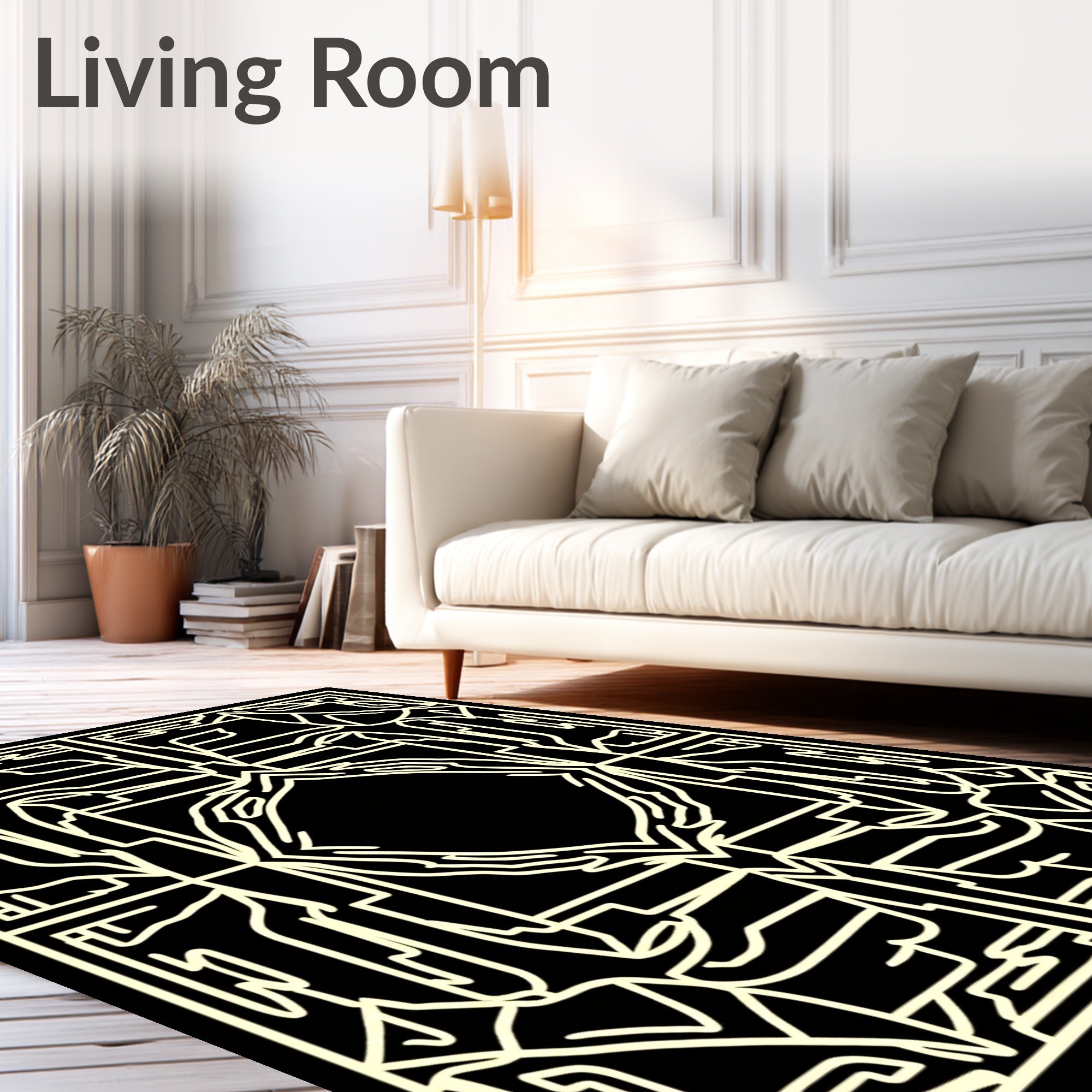 Black and Beige Geometric Outline Pattern Rug