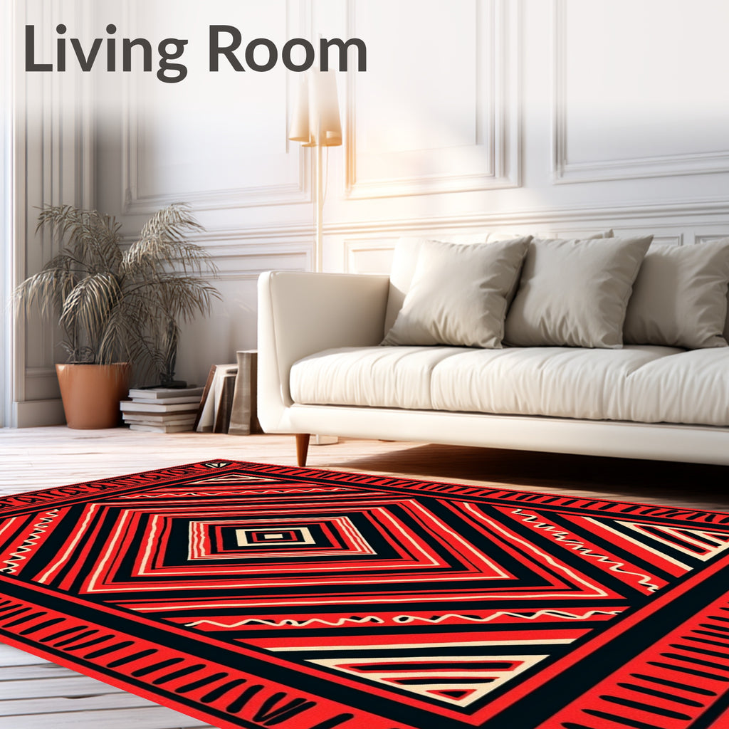 Red Black Geometric Zigzag Diamond Rug