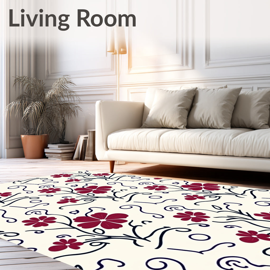 Crimson Vine Scroll Floral Pattern Rug