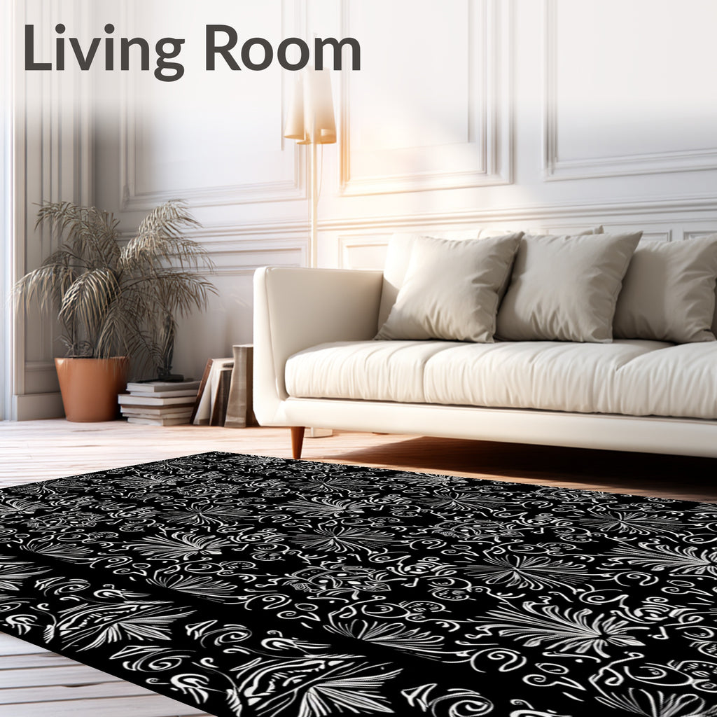 Ornate White Swirl Botanical Pattern Rug