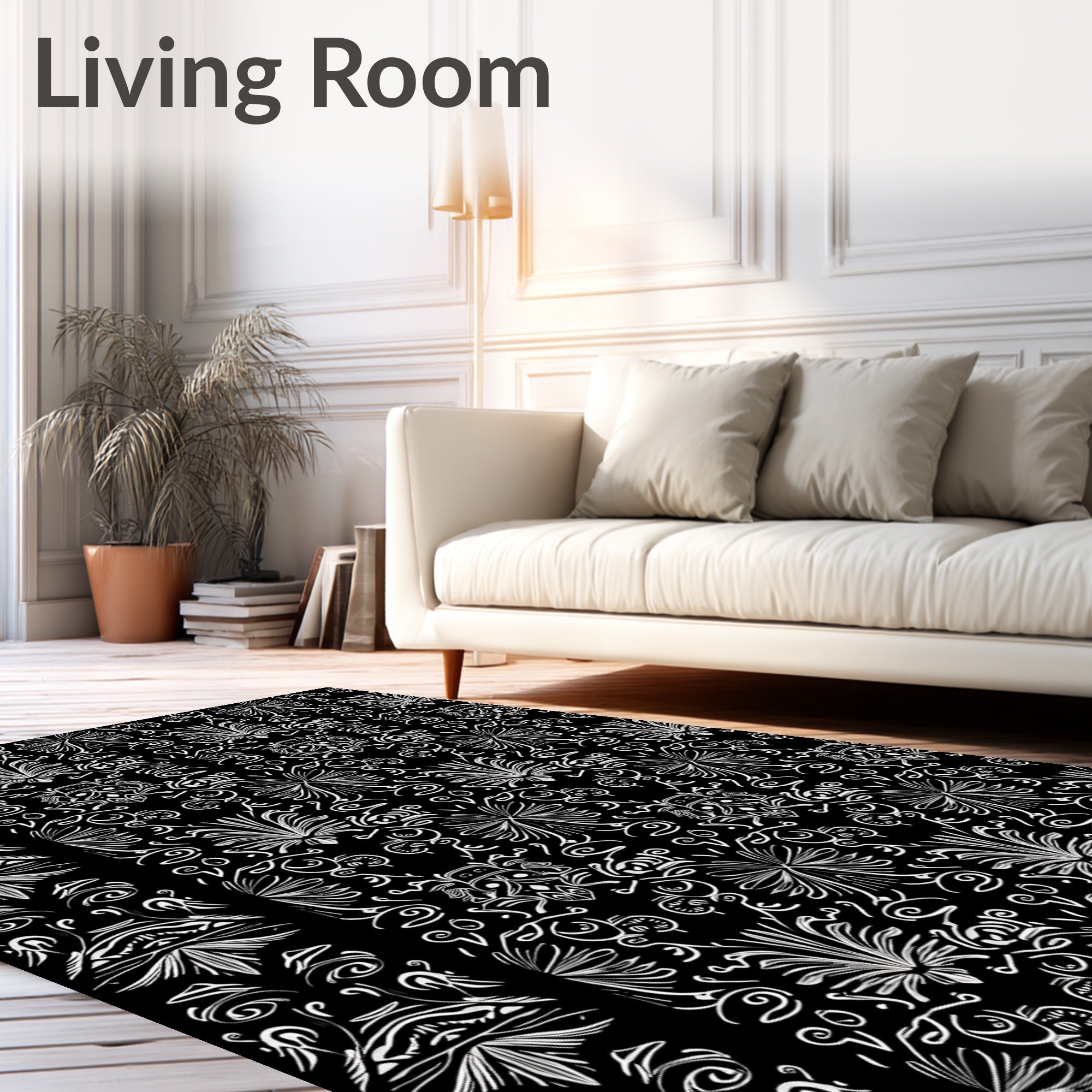 Ornate White Swirl Botanical Pattern Rug