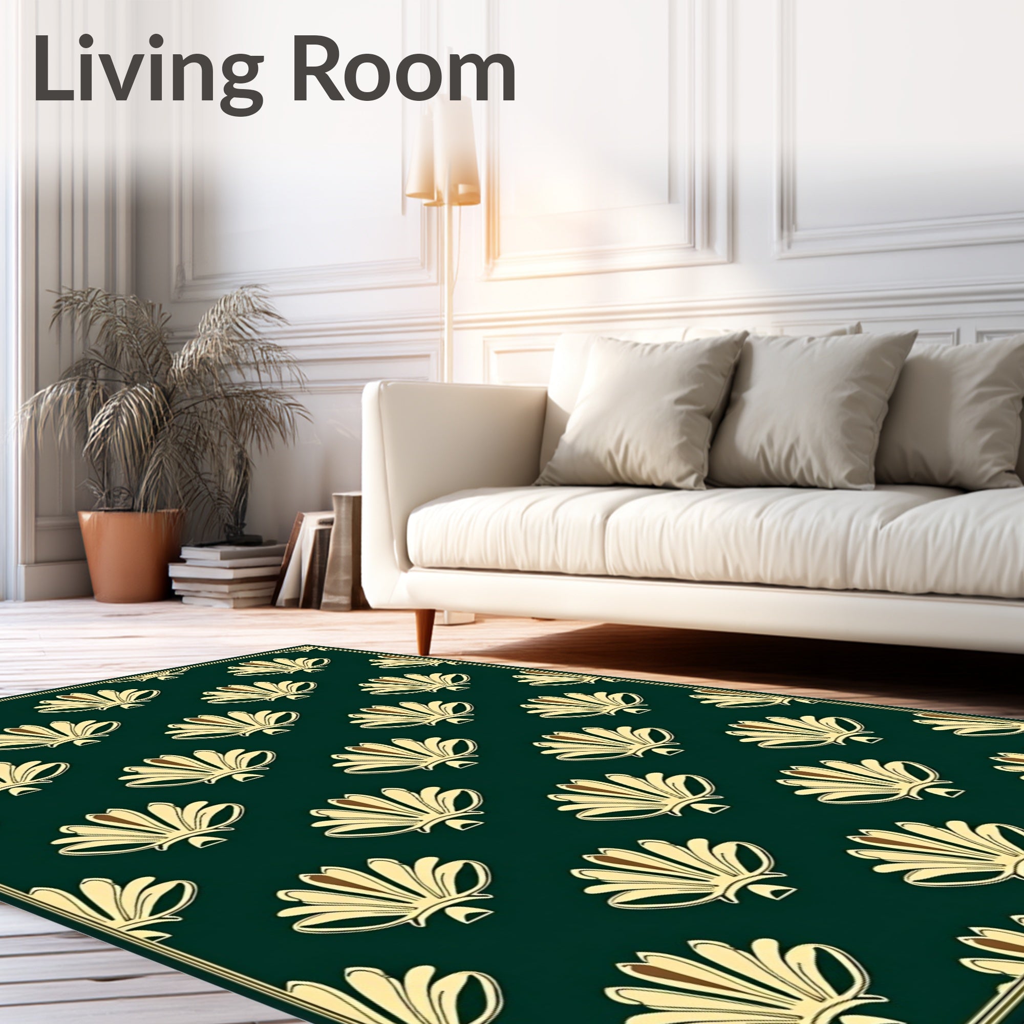 Elegant Fan Patterned Dark Teal Rug