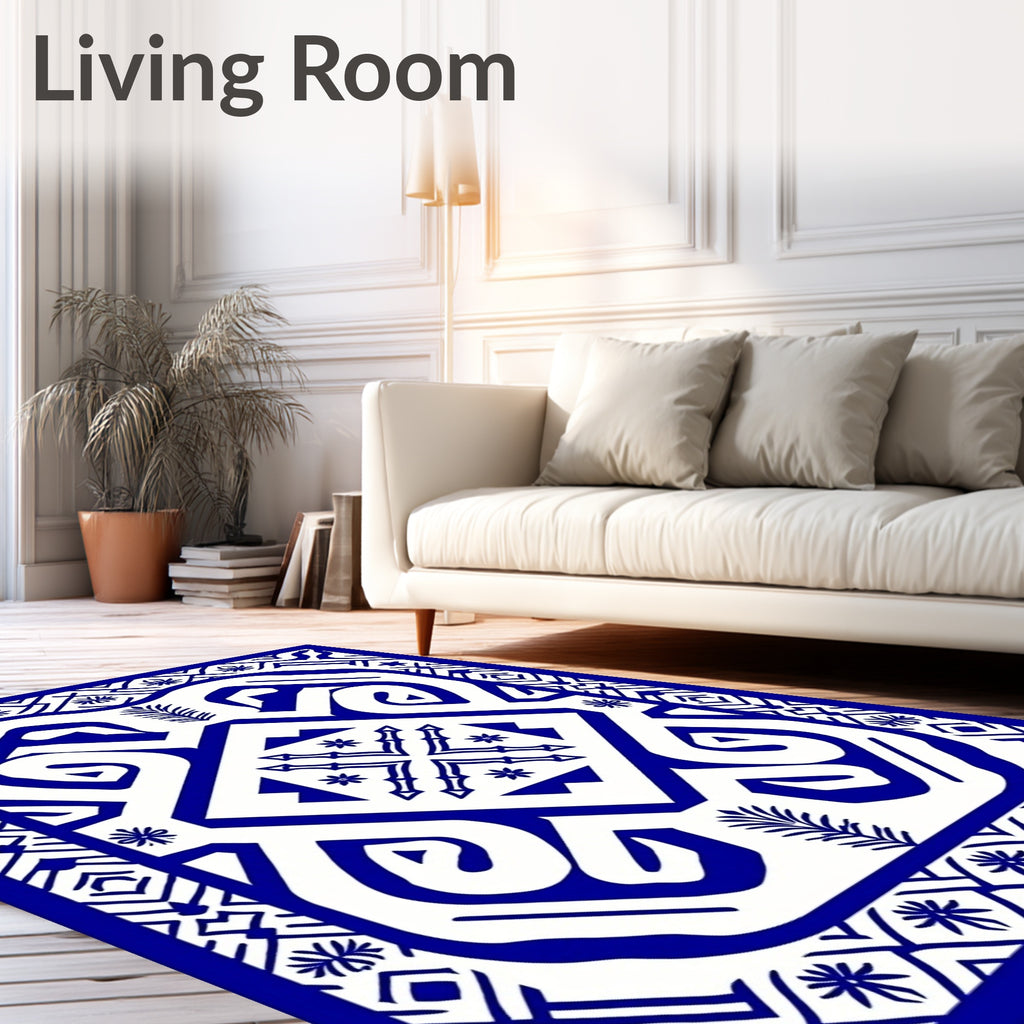 Bold Blue Geometric Floral Pattern Rug
