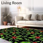 Green Holly Berry Black Background Repeat Rug