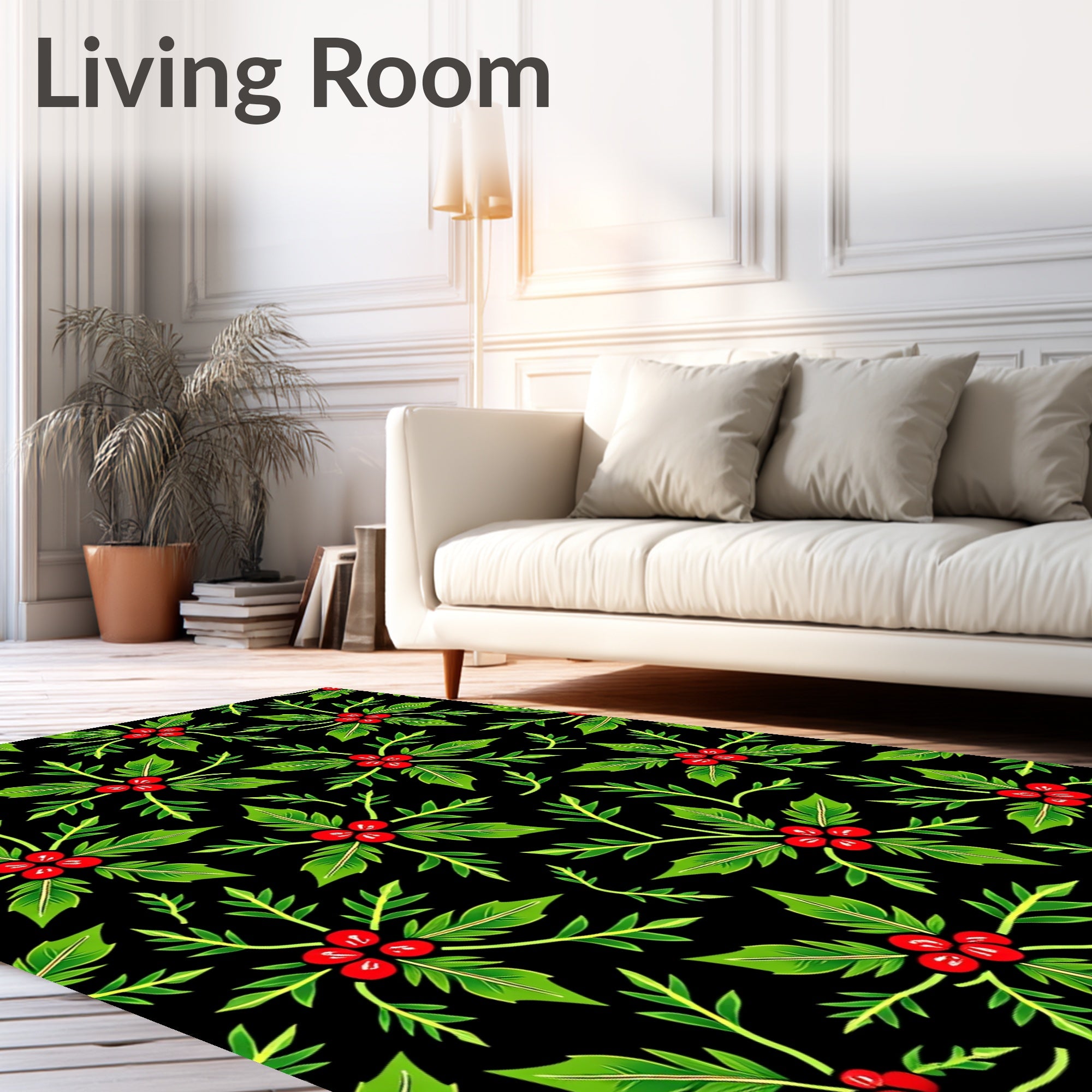 Green Holly Berry Black Background Repeat Rug