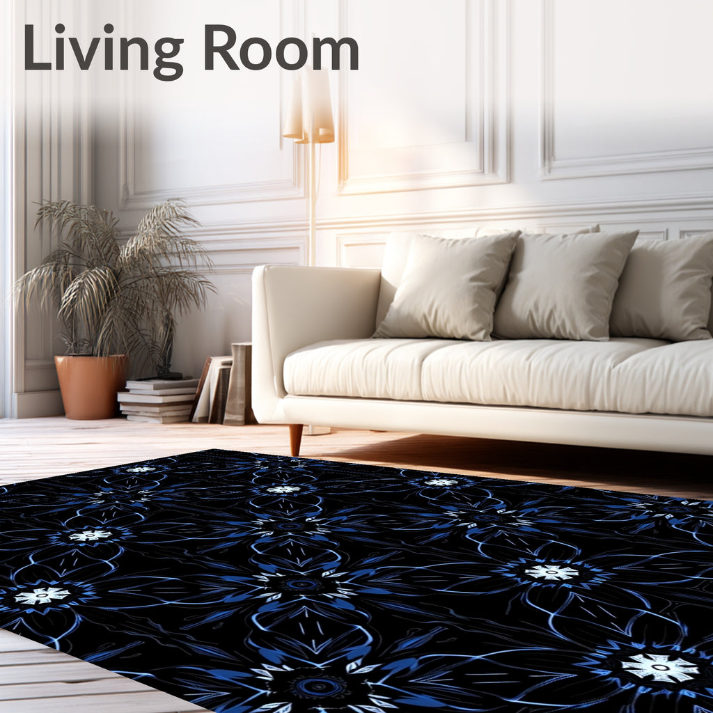 Dark Blue Geometric Floral Pattern Rug