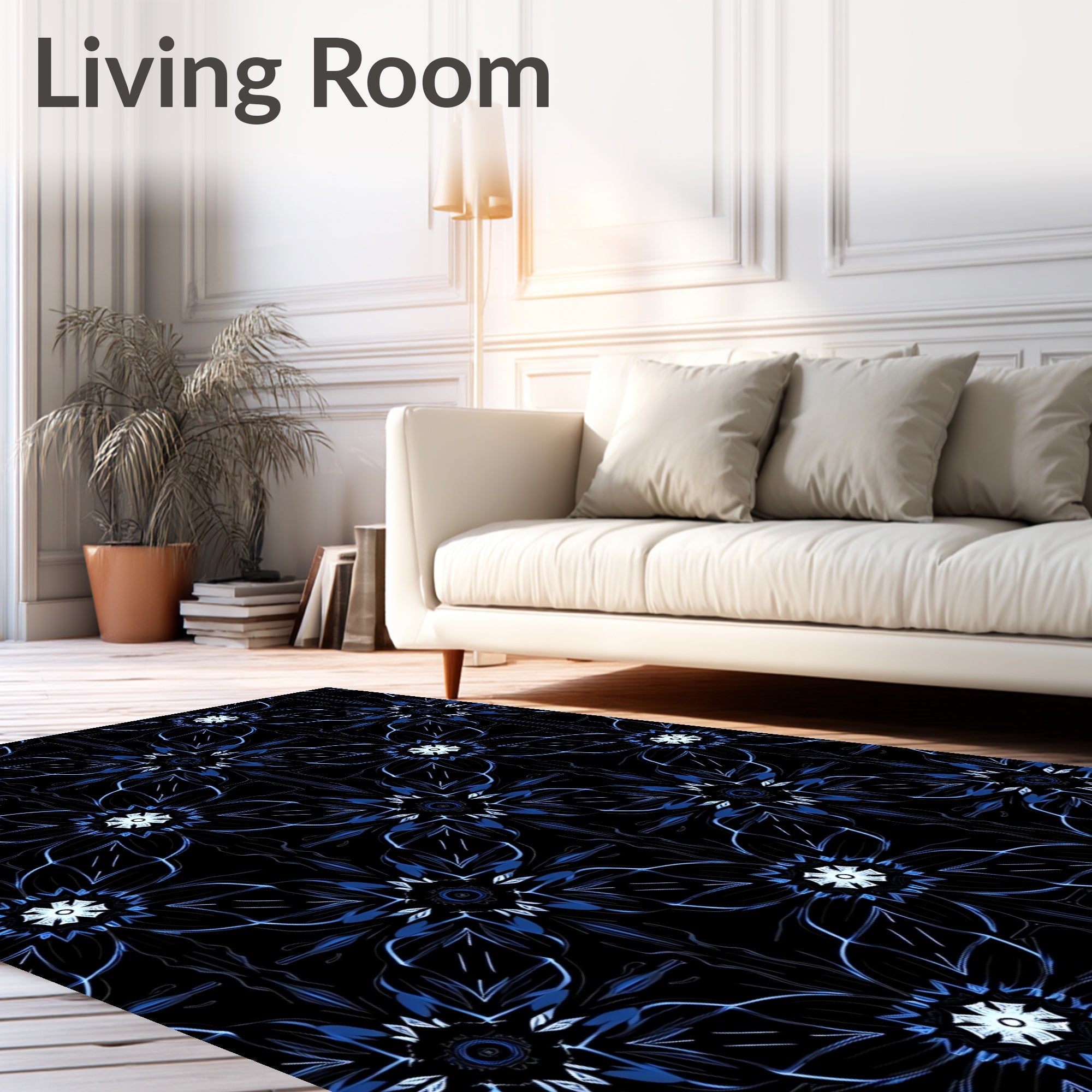 Dark Blue Geometric Floral Pattern Rug
