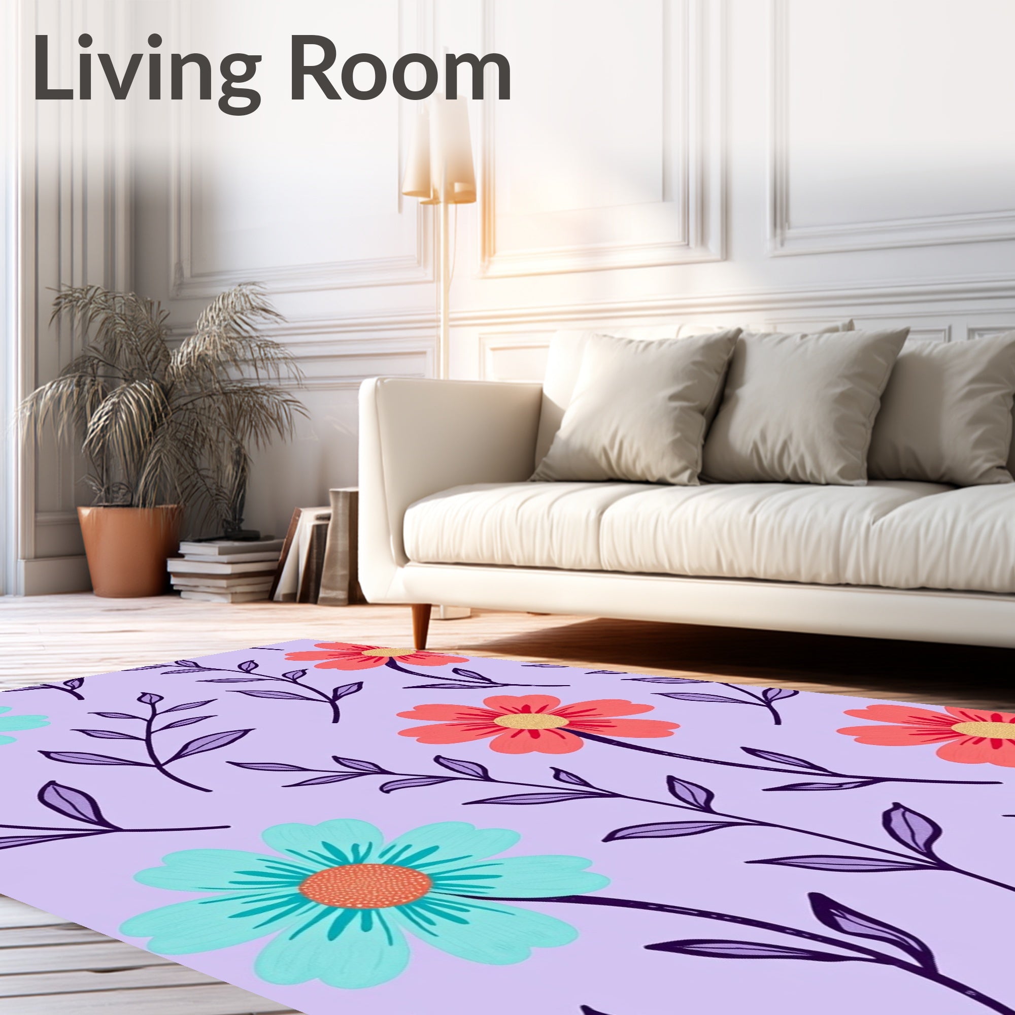 Coral Teal Floral Branch Pattern Rug