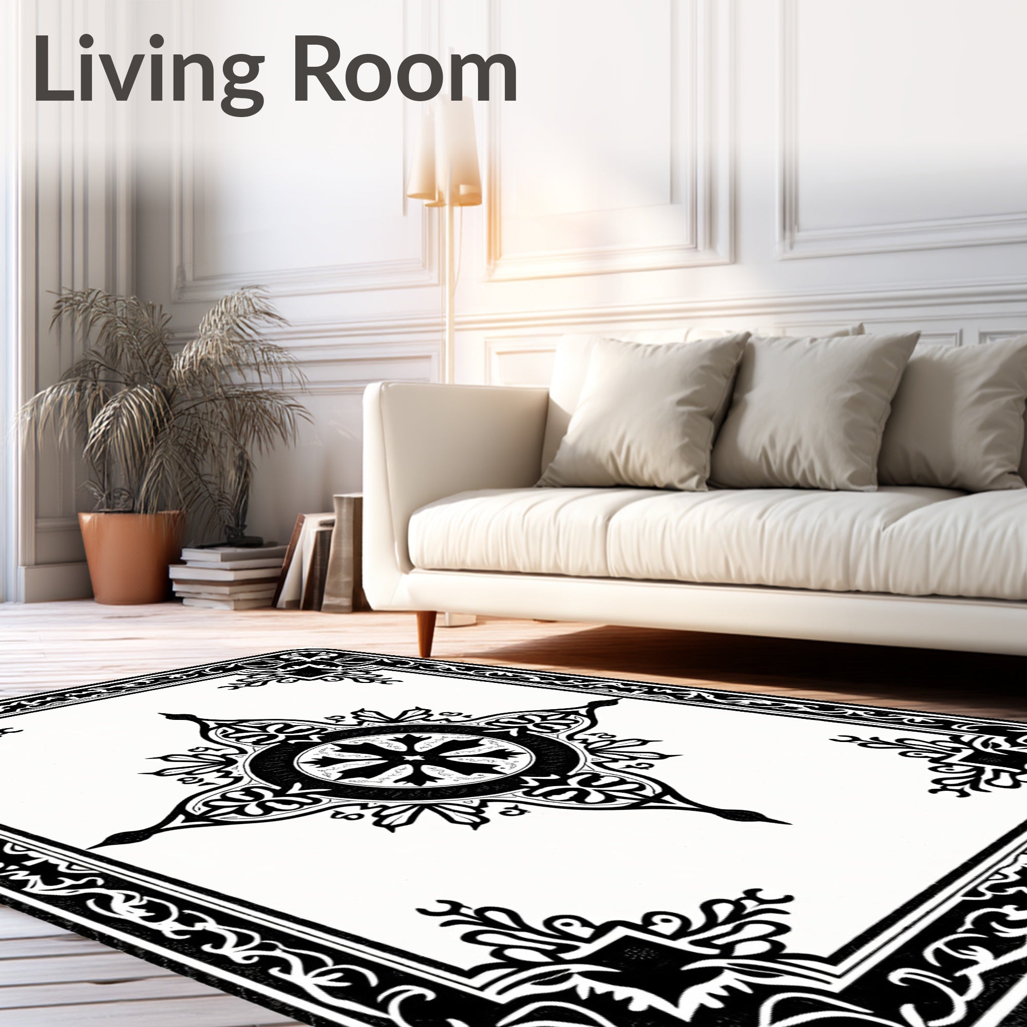 Ornate Black And White Medallion Rug