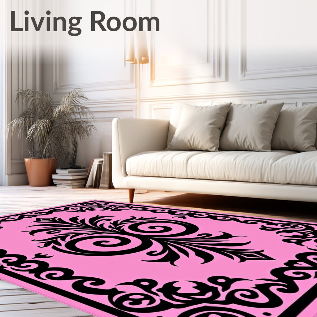 Black Floral Swirl Pink Inspired Pattern Rug