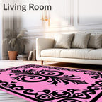 Black Floral Swirl Pink Inspired Pattern Rug