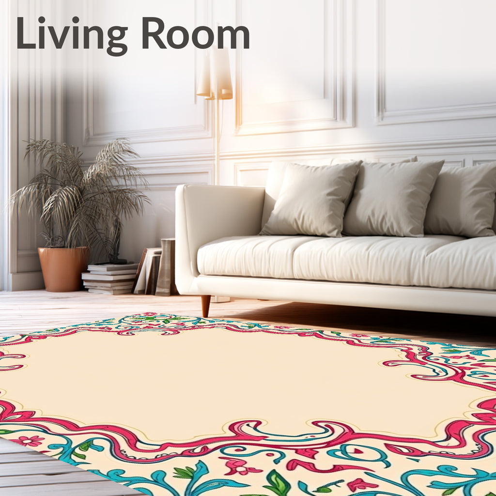 Elegant Floral Scrollwork In Pink Teal Rug