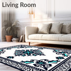 Ornate Teal and Black Floral Pattern Rug