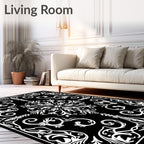 Intricate Black White Floral Scroll Pattern Rug
