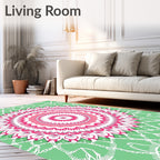 Symmetric Pink Green Floral Mandala Design Rug